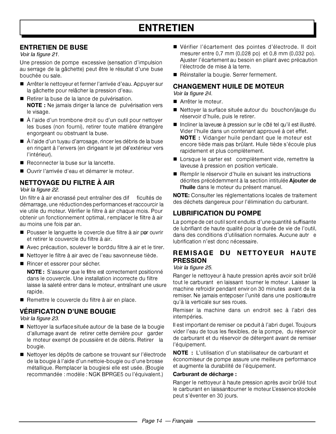 Homelite UT80709 Entretien De Buse, Nettoyage Du Filtre À Air, Vérification D’Une Bougie, Changement Huile De Moteur 