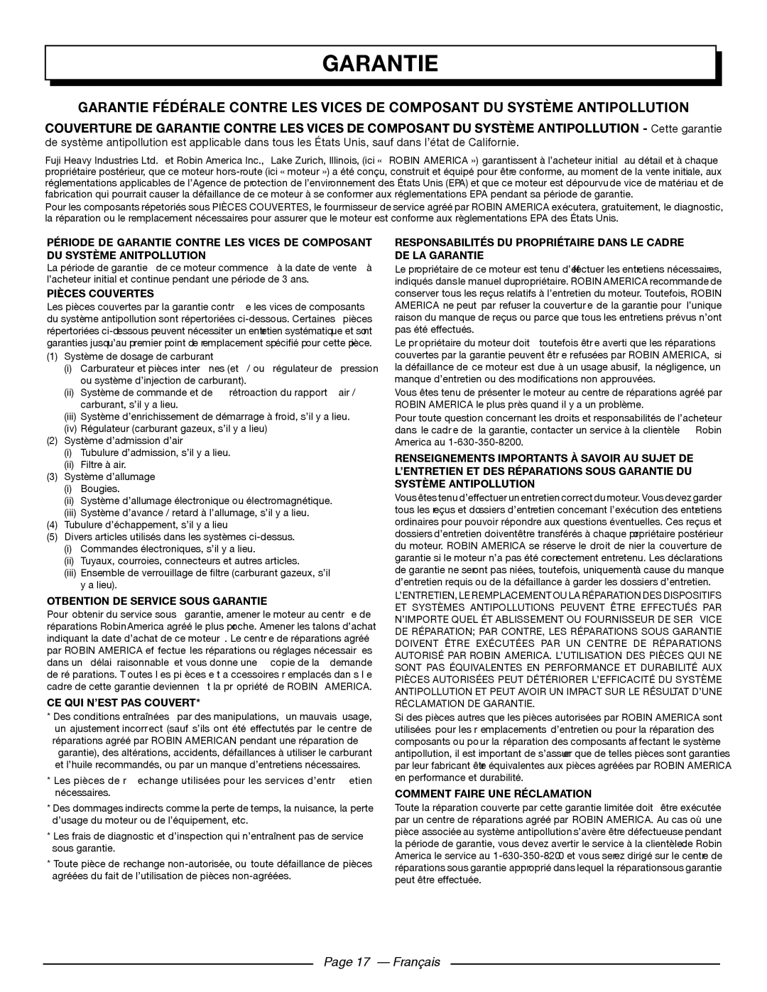Homelite UT80911, UT80709 manuel dutilisation Garantie, Page 17 - Français 