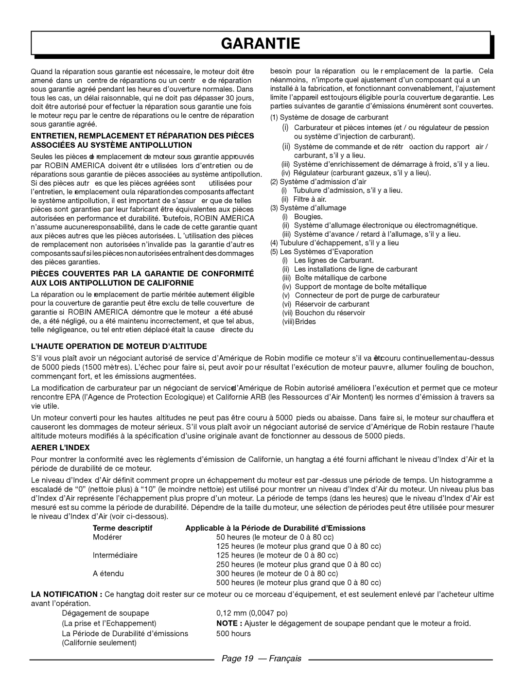 Homelite UT80911 Garantie, Page 19 - Français, L’Haute Operation De Moteur D’Altitude, Aerer L’Index, Terme descriptif 