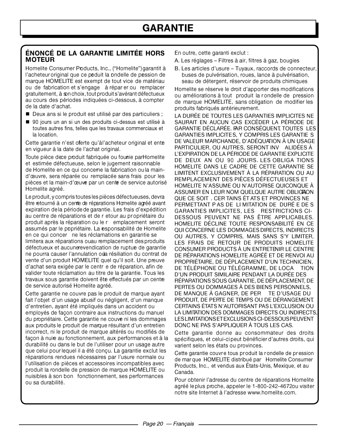 Homelite UT80709, UT80911 manuel dutilisation Énoncé De La Garantie Limitée Hors Moteur, Page 20 - Français 