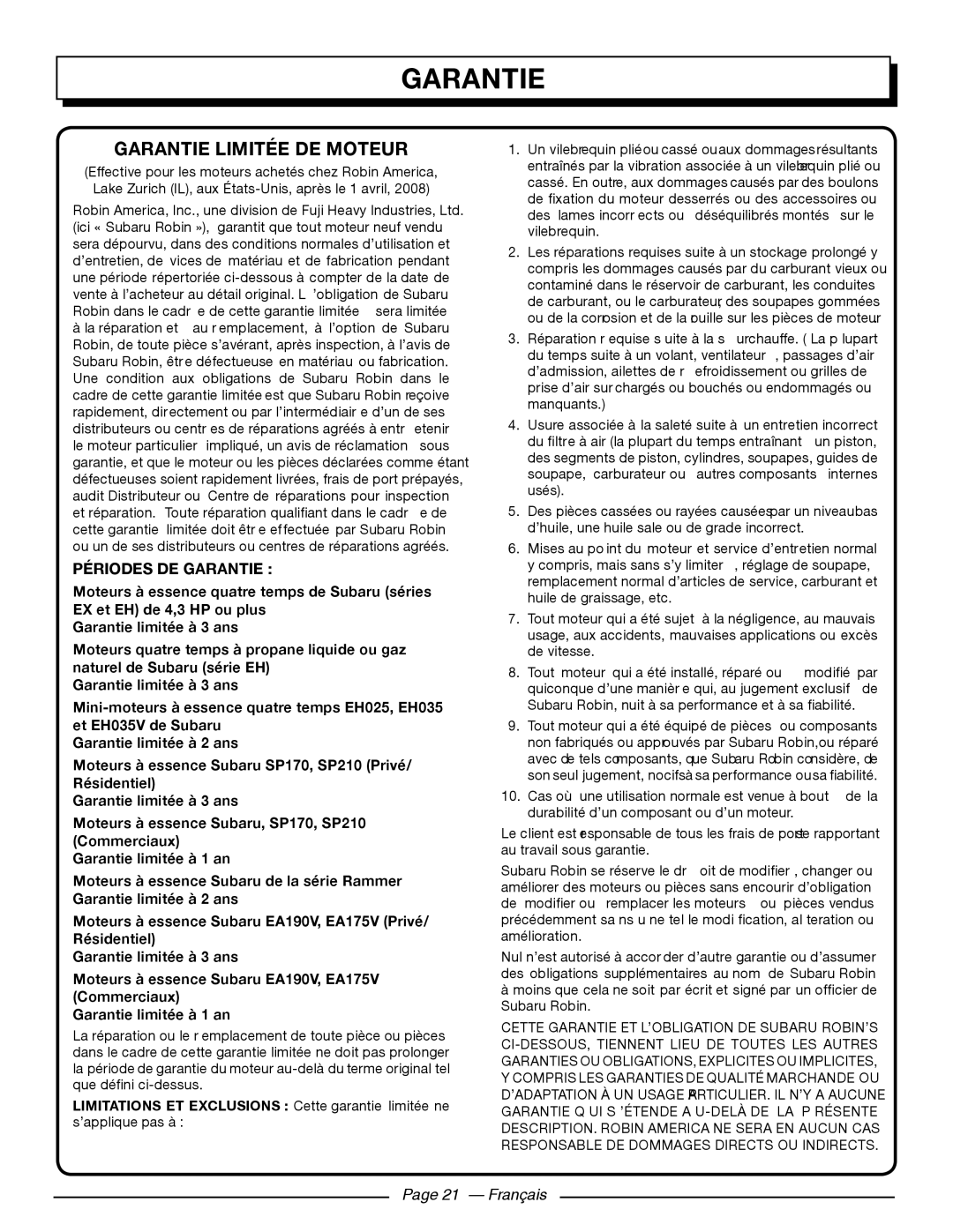 Homelite UT80911, UT80709 manuel dutilisation Garantie Limitée De Moteur, Page 21 - Français 