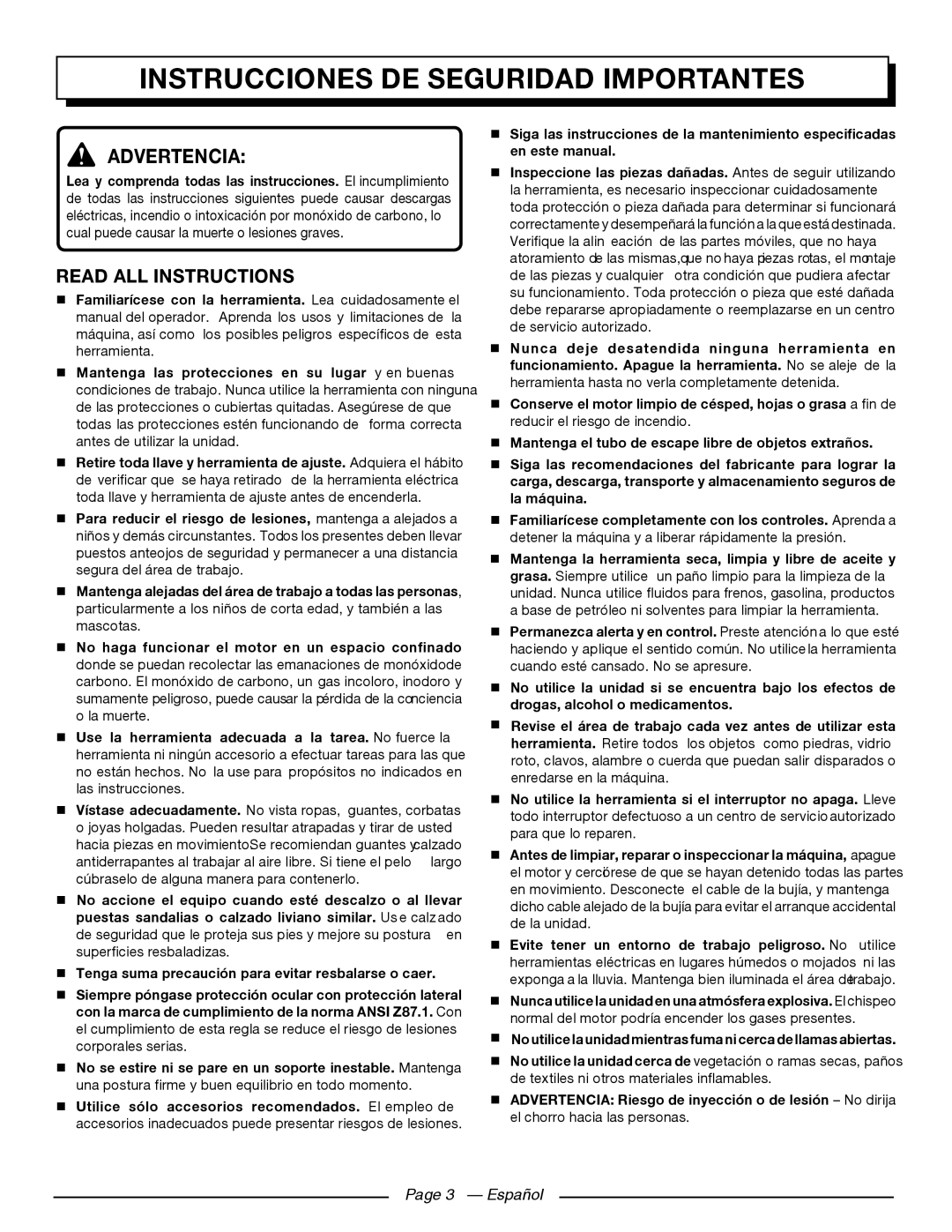 Homelite UT80709, UT80911 Instrucciones De Seguridad Importantes, Advertencia, Read All Instructions, Page 3 - Español 