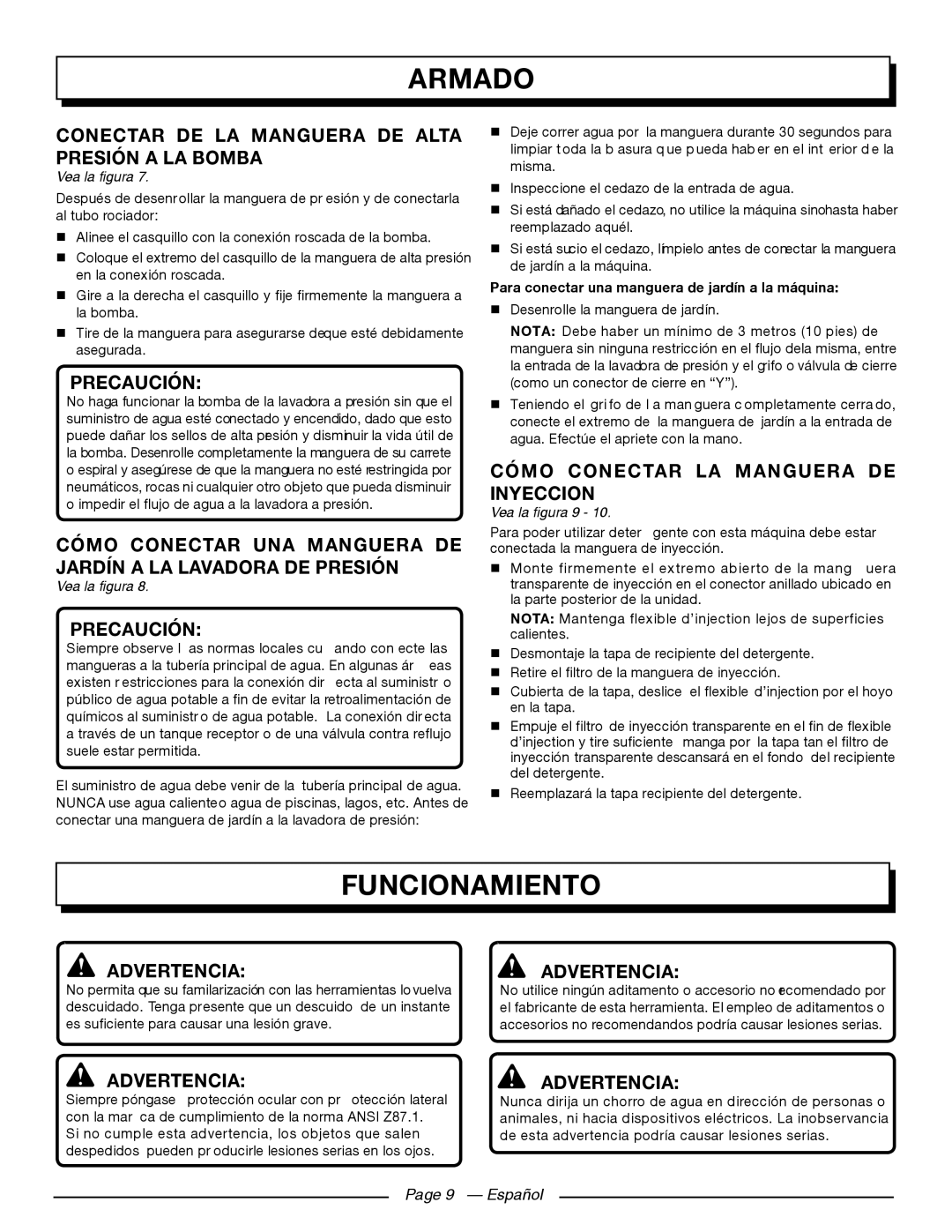Homelite UT80709 Funcionamiento, Conectar De La Manguera De Alta Presión A La Bomba, Armado, Precaución, Advertencia 
