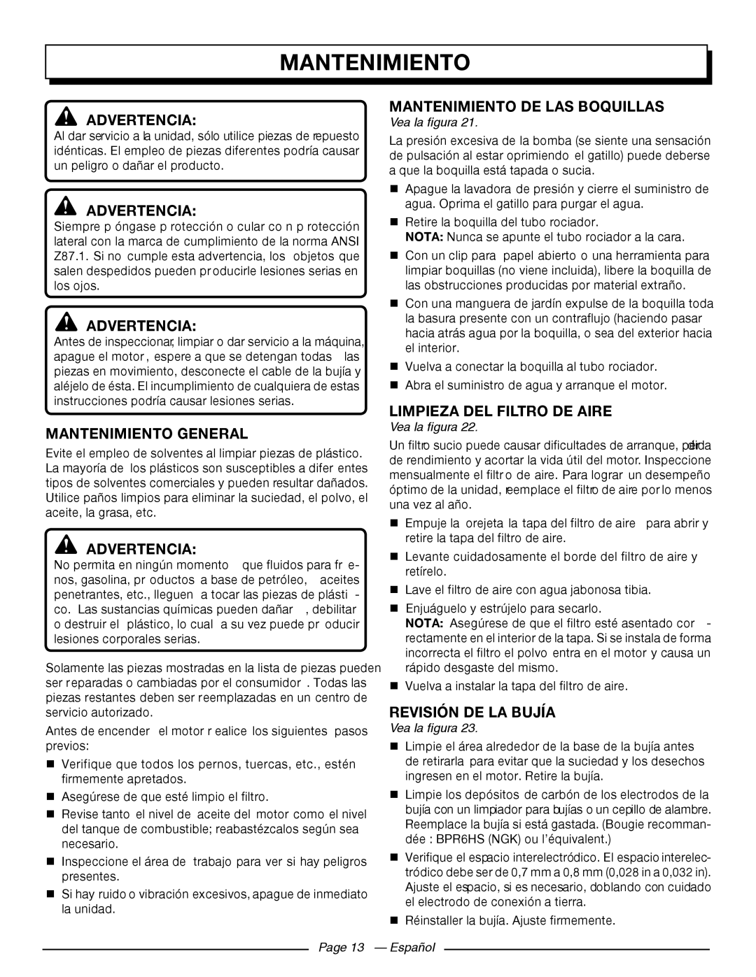 Homelite UT80709 Mantenimiento General, Mantenimiento De Las Boquillas, Limpieza Del Filtro De Aire, Advertencia 