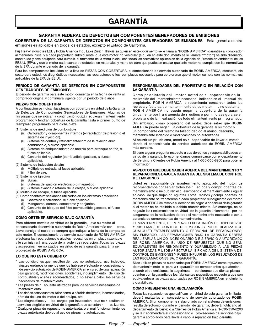 Homelite UT80709, UT80911 Garantía Federal De Defectos En Componentes Generadores De Emisiones, Page 17 - Español 