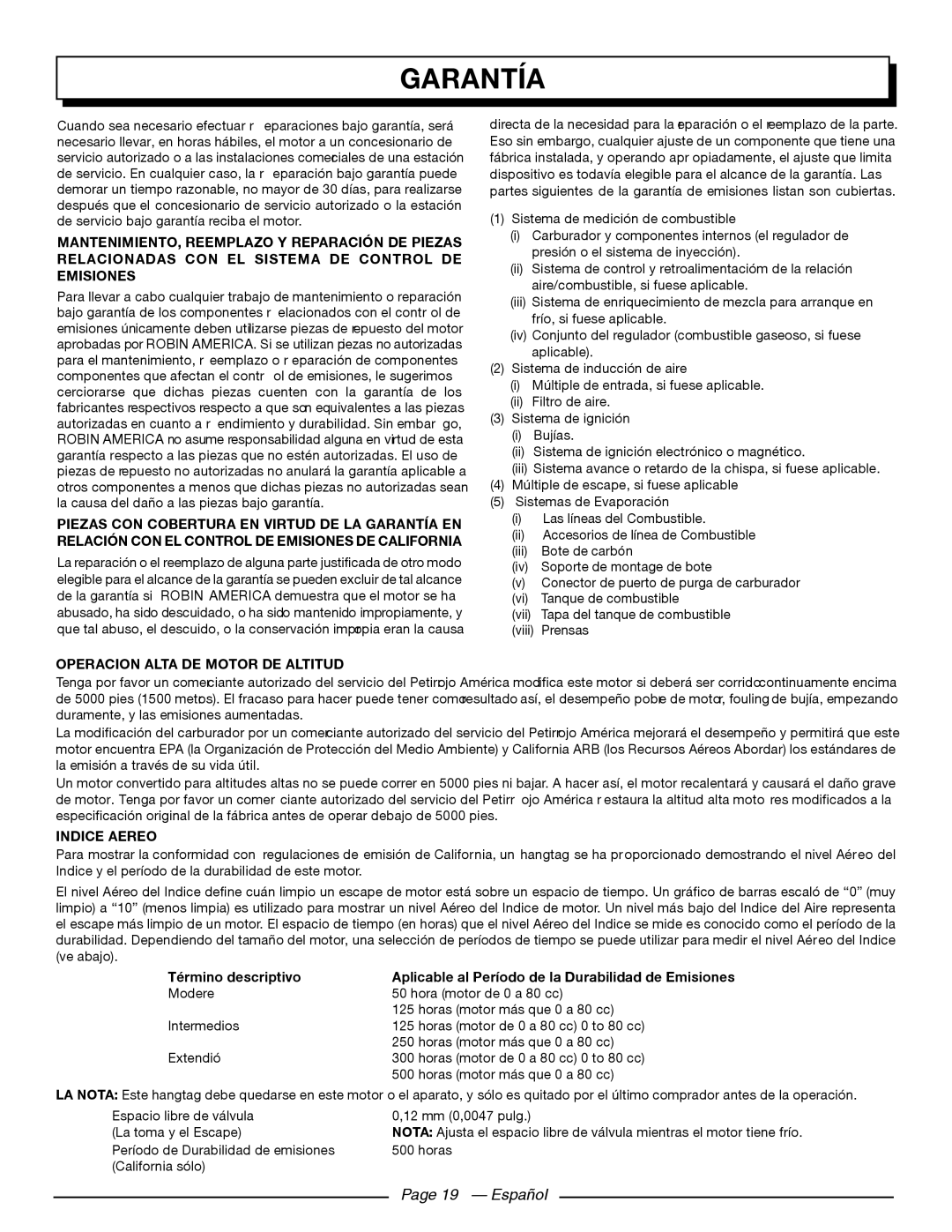 Homelite UT80709 Garantía, Page 19 - Español, Operacion Alta De Motor De Altitud, Indice Aereo, Término descriptivo 
