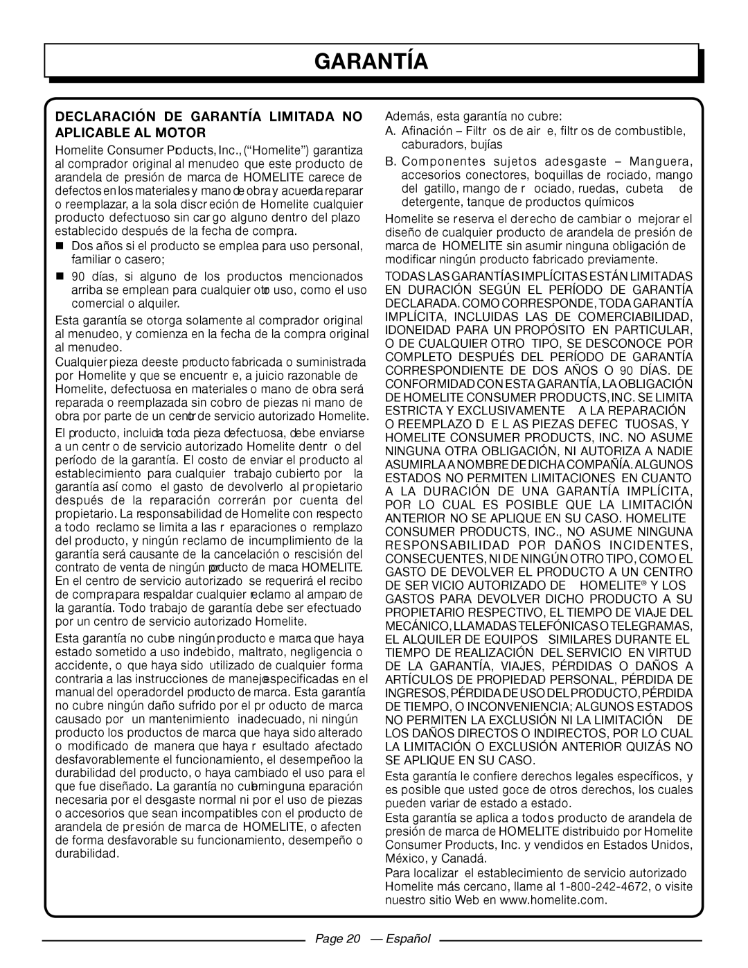 Homelite UT80911, UT80709 manuel dutilisation Declaración De Garantía Limitada No Aplicable Al Motor, Page 20 - Español 