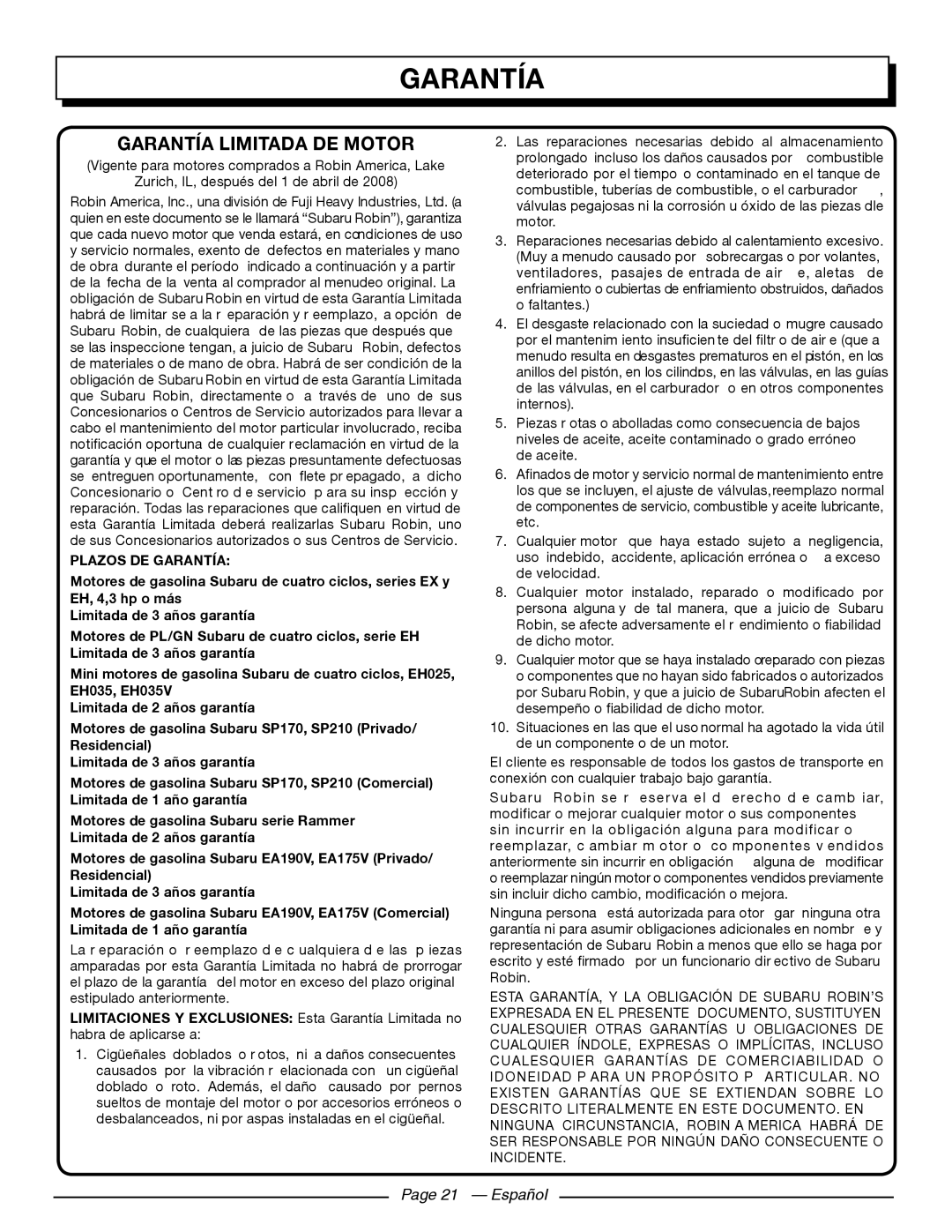 Homelite UT80709, UT80911 Garantía Limitada De Motor, Page 21 - Español, Plazos De Garantía, Limitada de 3 años garantía 