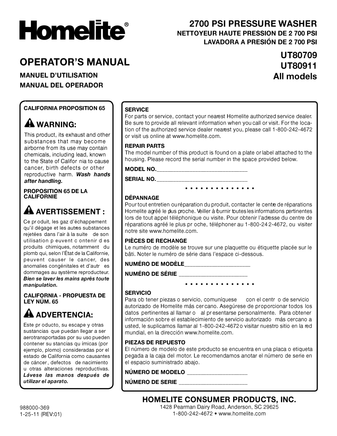 Homelite UT80911 Operator’S Manual, Psi Pressure Washer, UT80709, All models, Avertissement , Advertencia, after handling 