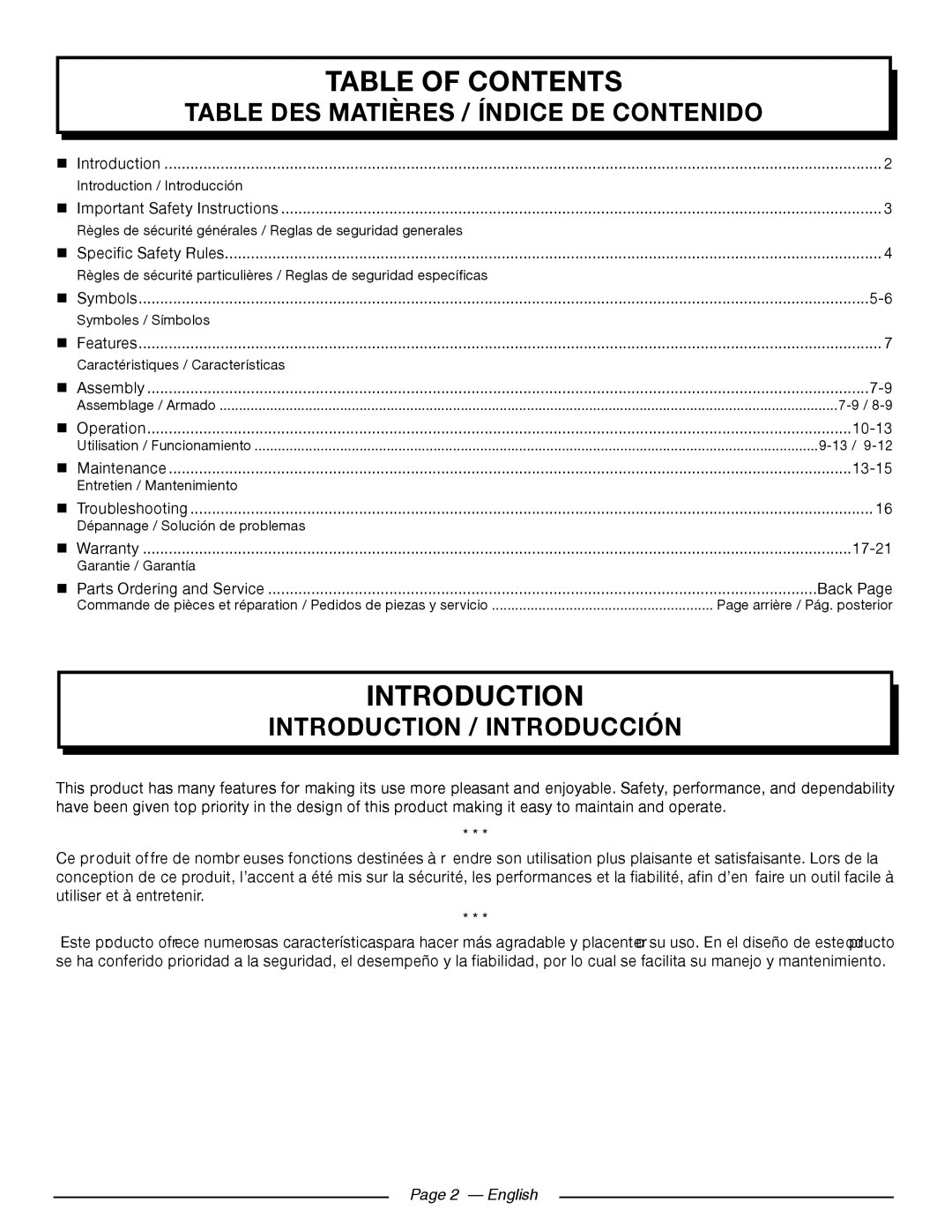 Homelite UT80911, UT80709 Table Of Contents, Table Des Matières / Índice De Contenido, Introduction / Introducción 