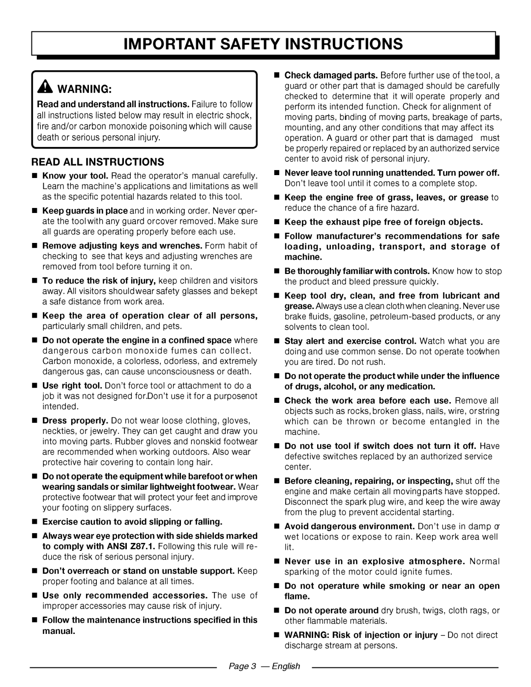 Homelite UT80709, UT80911 manuel dutilisation Important Safety Instructions, Read All Instructions, Page 3 - English 