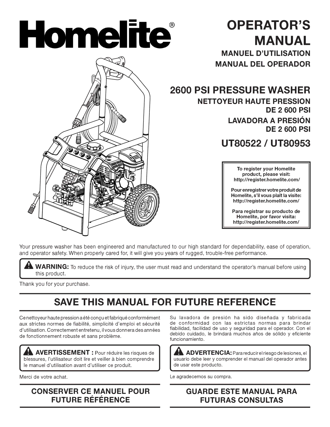 Homelite UT80522, UT80953 manuel dutilisation PSI Pressure Washer, Save this Manual for Future Reference 