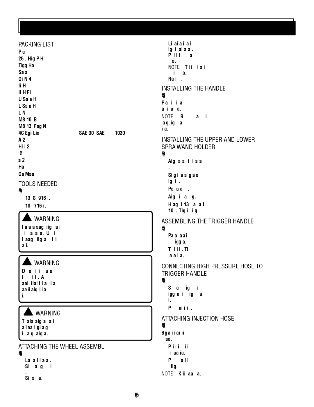 Homelite UT80953 Packing List, Tools Needed, Attaching the Wheel Assembly, Installing the Handle, Attaching Injection Hose 