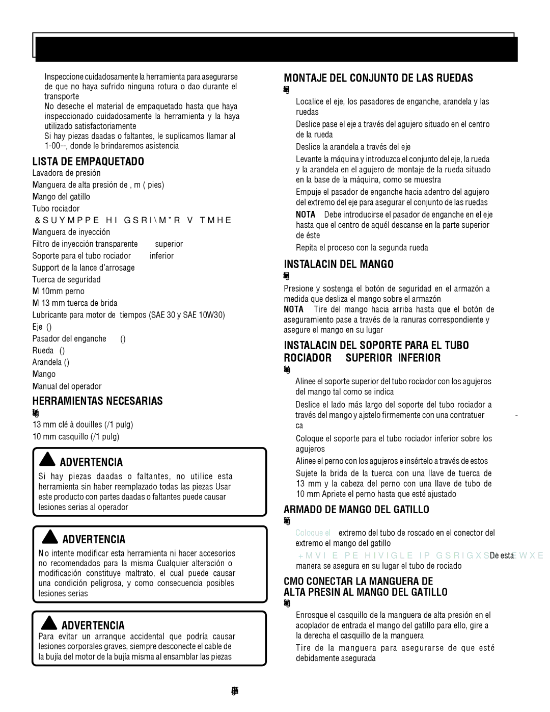 Homelite UT80953 Lista DE Empaquetado, Herramientas Necesarias, Montaje DEL Conjunto DE LAS Ruedas, Instalación DEL Mango 