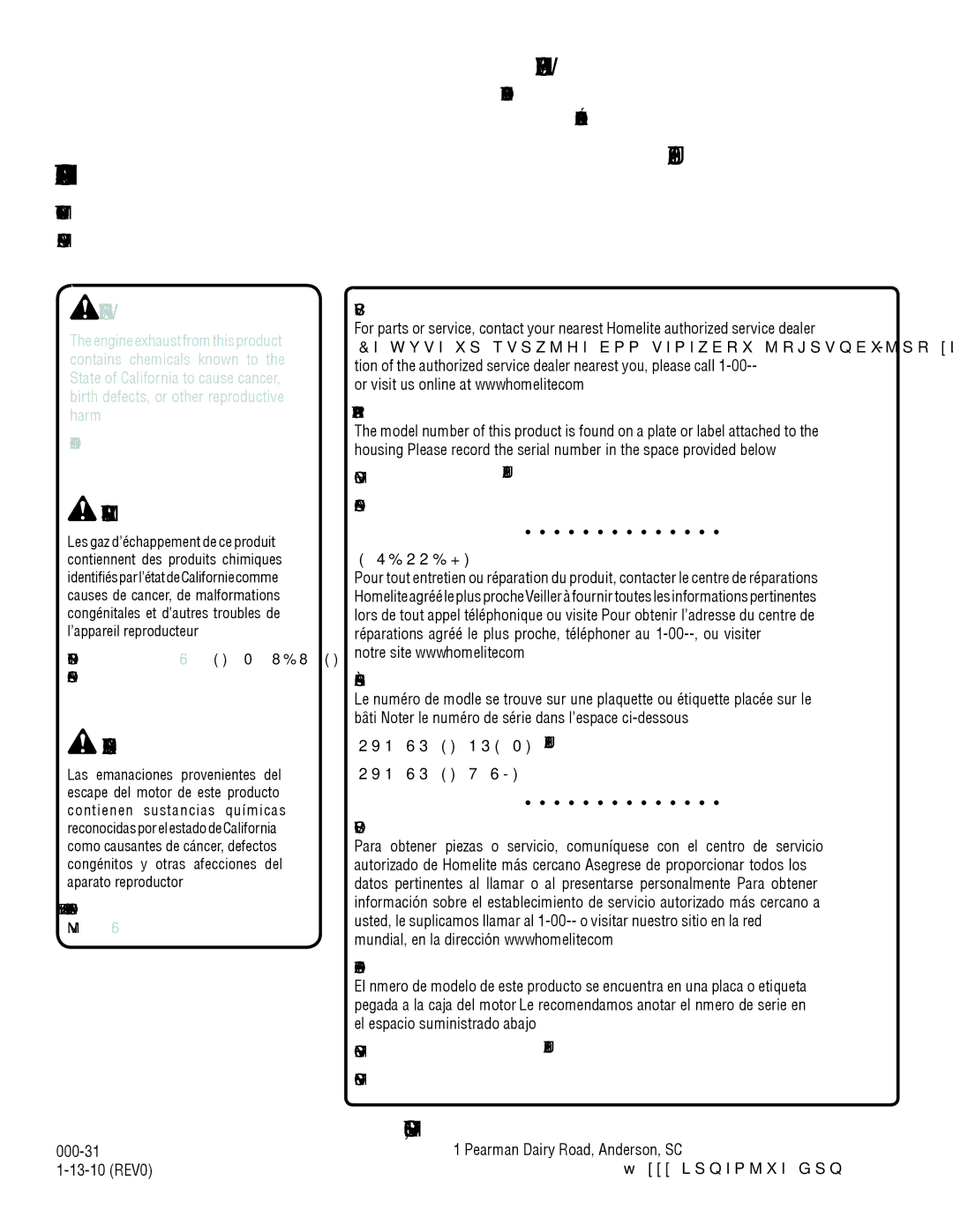 Homelite OPERATOR’S Manual, Manuel D’UTILISATION Manual DEL Operador, UT80522 / UT80953 Model no Serial no 