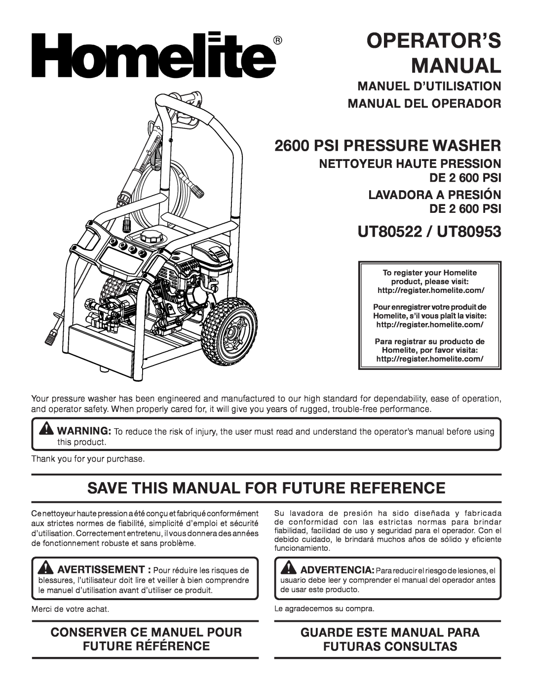 Homelite manuel dutilisation Psi Pressure Washer, UT80522 / UT80953, Save This Manual For Future Reference 
