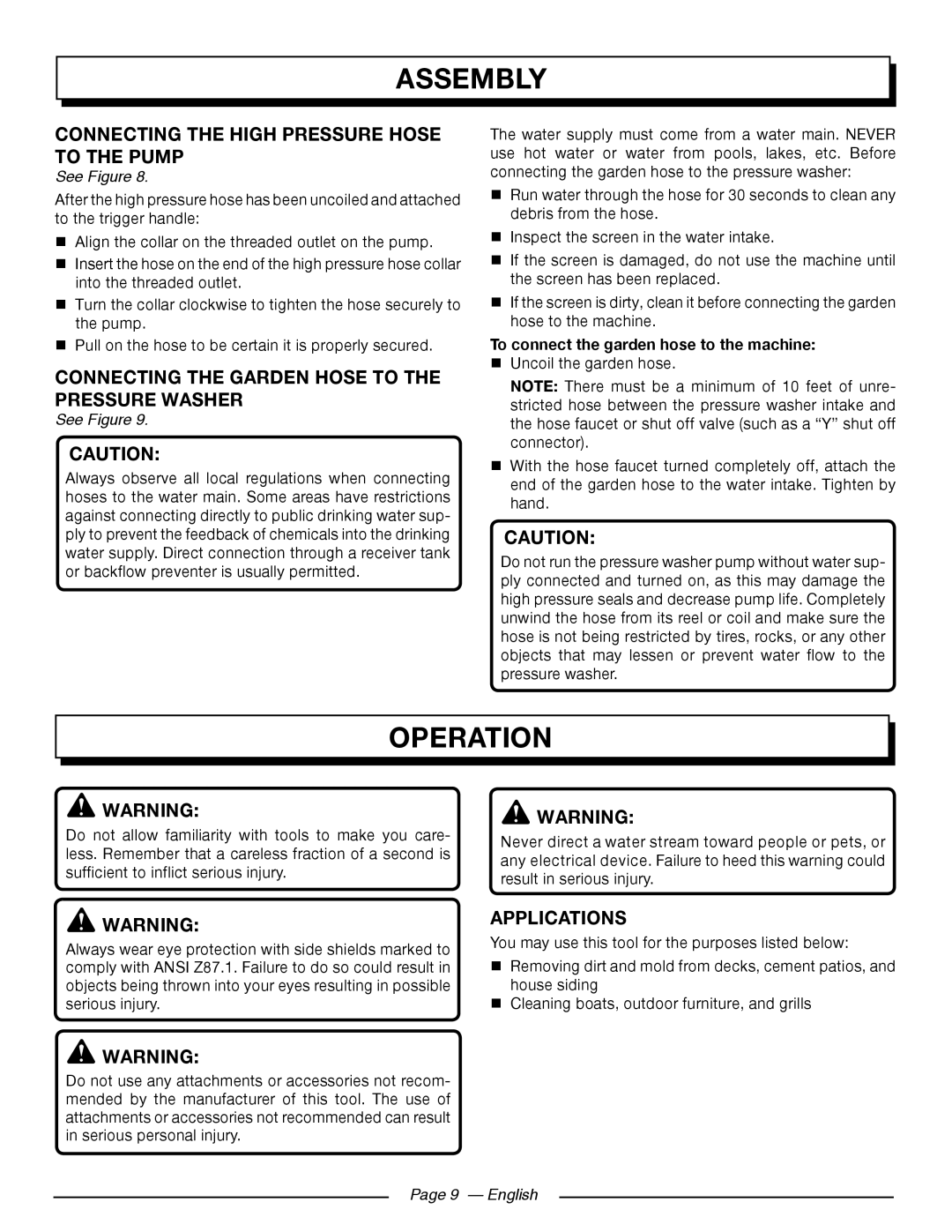 Homelite UT80522 Operation, Connecting The High Pressure Hose To The Pump, Applications, Page 9 - English, Assembly 