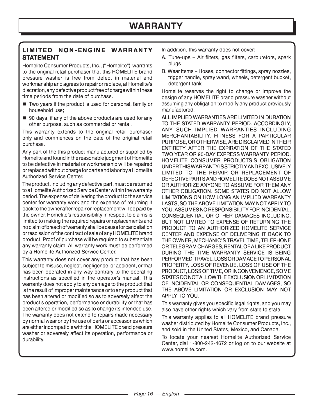Homelite UT80953, UT80522 manuel dutilisation Limited Non - Engine Warranty Statement, Page 16 - English 