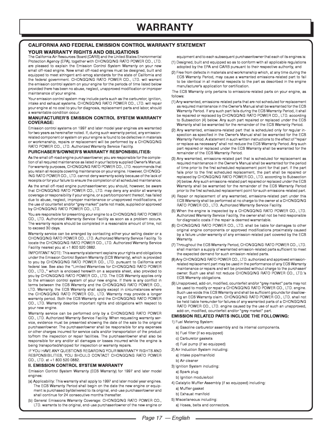 Homelite UT80522, UT80953 Page 17 - English, Manufacturer’S Emission Control System Warranty Coverage 
