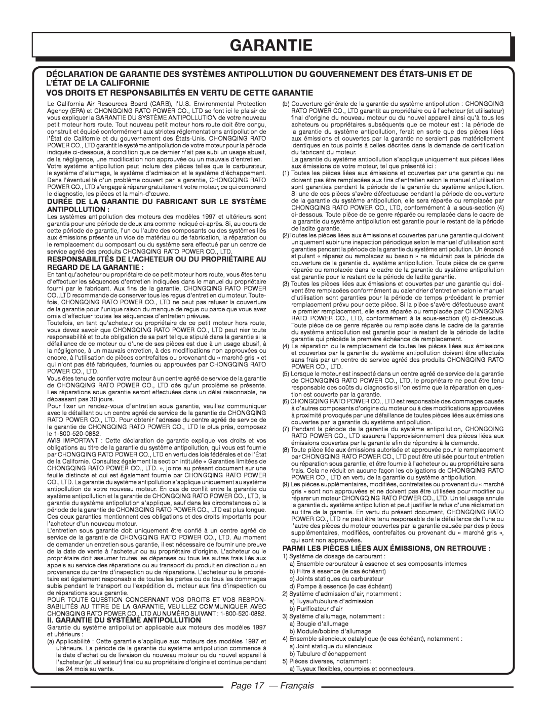 Homelite UT80953, UT80522 Page 17 - Français, Vos Droits Et Responsabilités En Vertu De Cette Garantie 