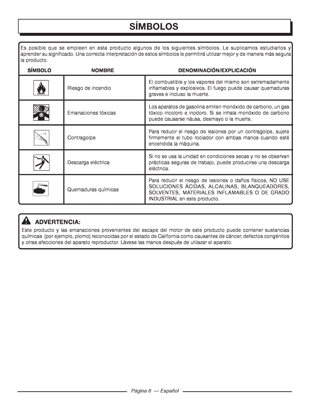 Homelite UT80953, UT80522 manuel dutilisation Página 6 - Español, Símbolos, Advertencia 