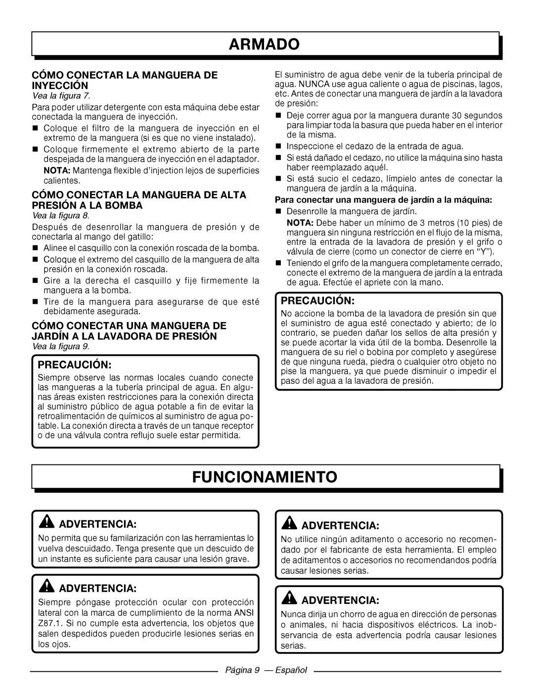 Homelite UT80522, UT80953 Funcionamiento, Cómo Conectar La Manguera De Inyección, Página 9 - Español, Armado, Precaución 