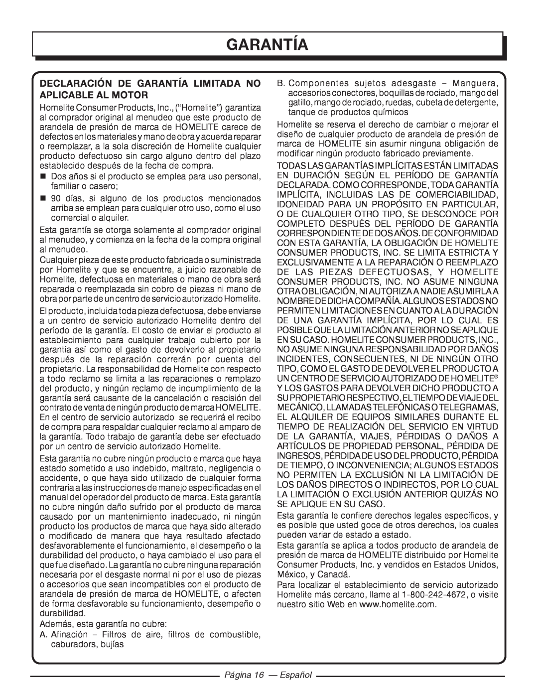 Homelite UT80953, UT80522 Declaración De Garantía Limitada No Aplicable Al Motor, Página 16 - Español 