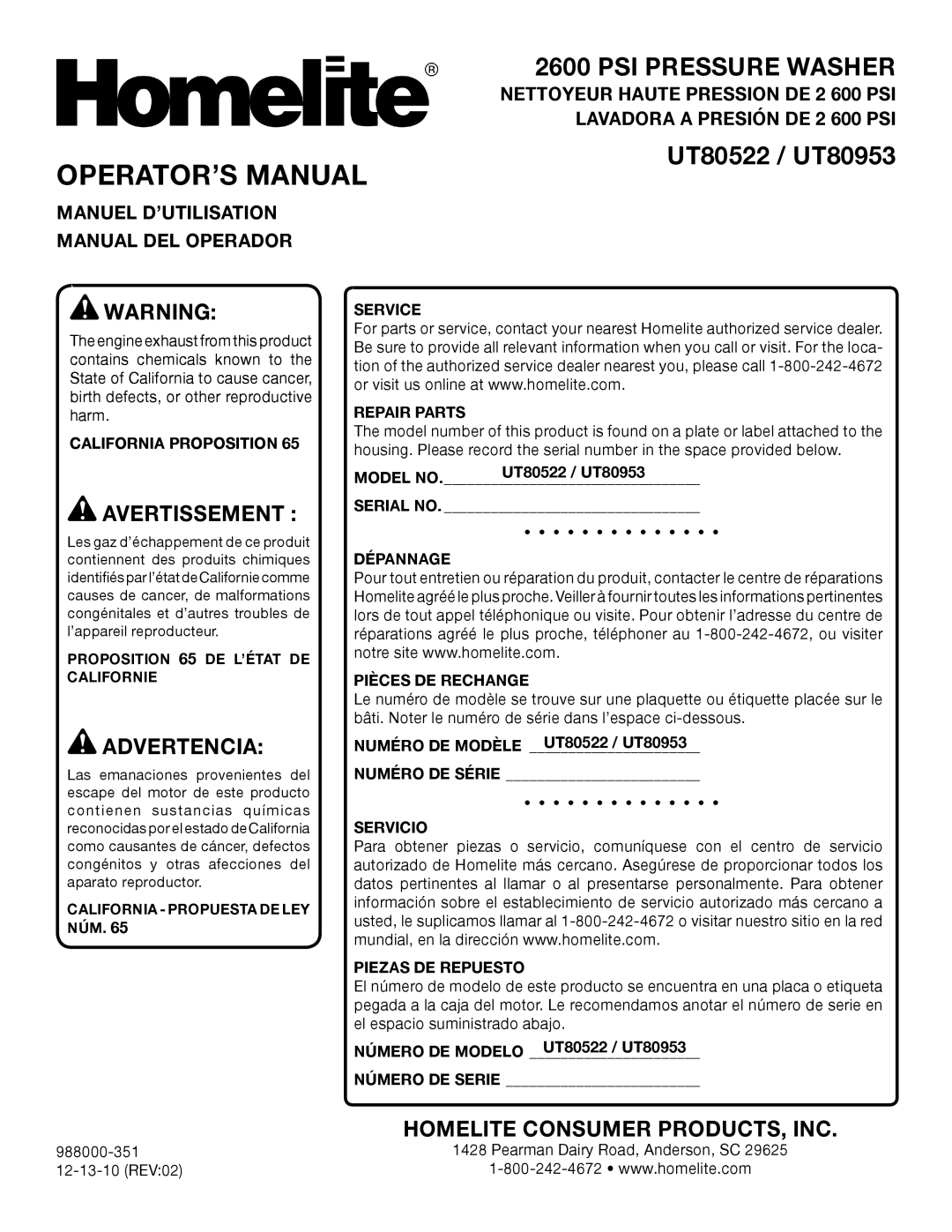 Homelite manuel dutilisation Operator’S Manual, Psi Pressure Washer, UT80522 / UT80953, Avertissement , Advertencia 