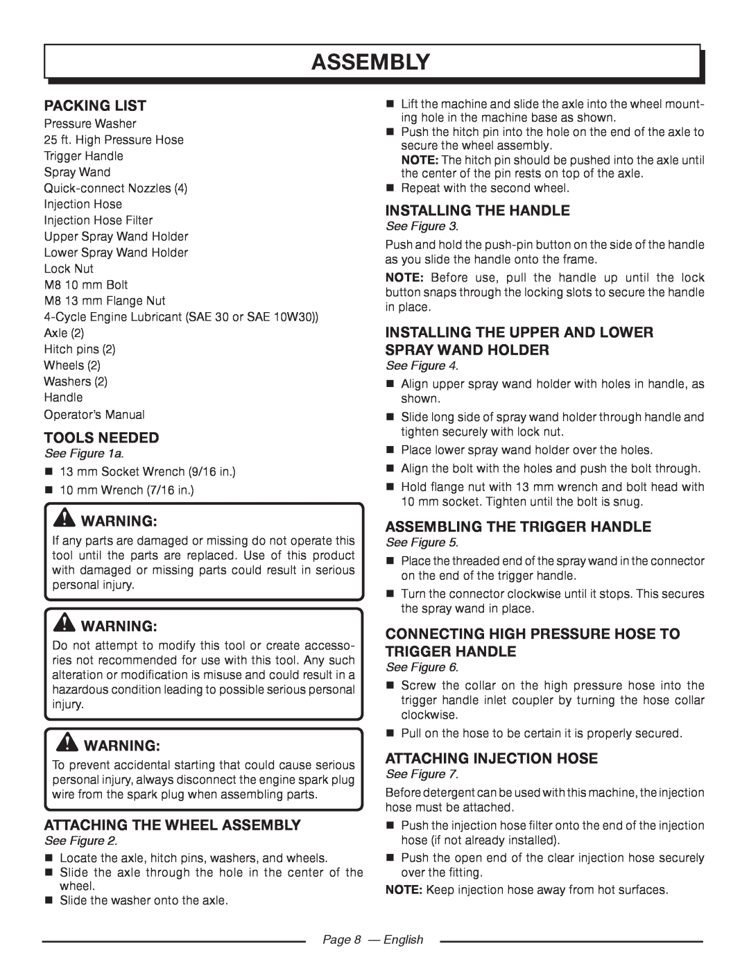 Homelite UT80977 Packing List, Tools Needed, Attaching The Wheel Assembly, Installing The Handle, Attaching Injection Hose 