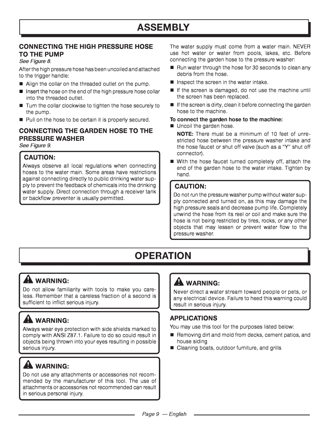 Homelite UT80546 Operation, Connecting The High Pressure Hose To The Pump, Applications, Page 9 - English, Assembly 