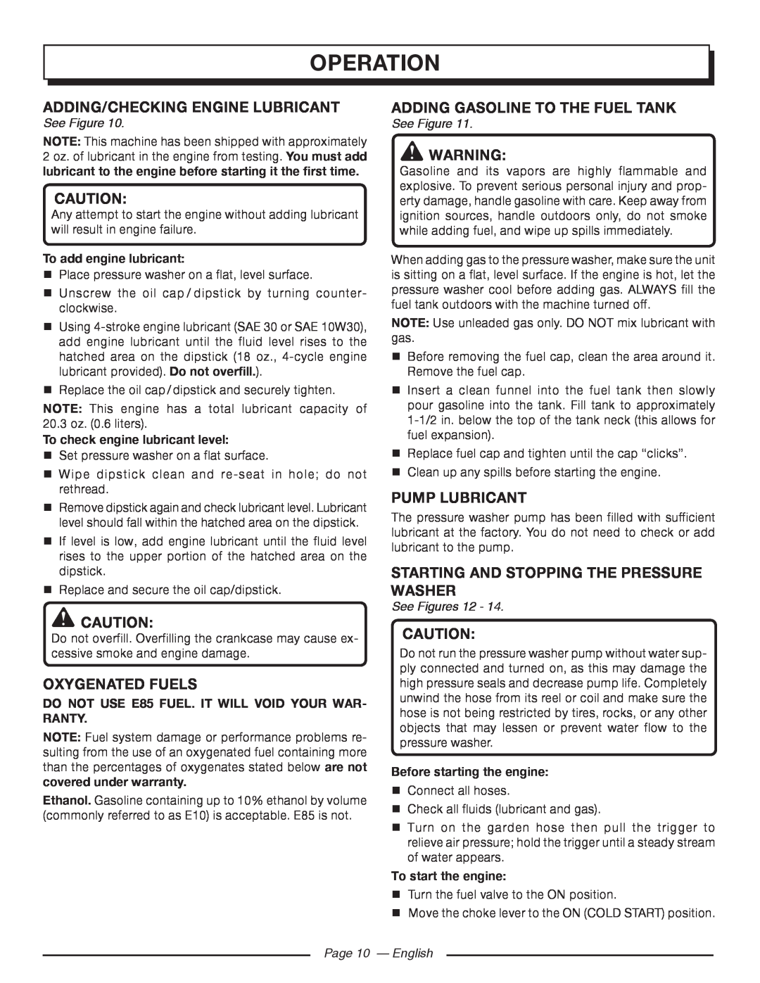 Homelite UT80977 Adding/Checking Engine Lubricant, Oxygenated Fuels, Adding Gasoline To The Fuel Tank, Pump Lubricant 