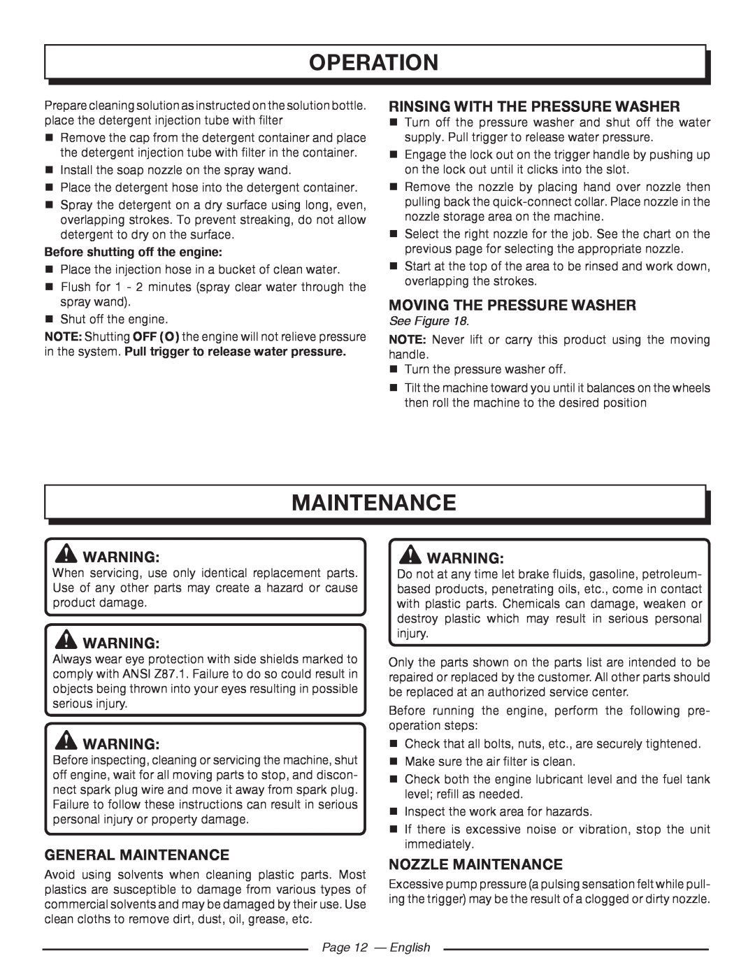 Homelite UT80977 Rinsing With The Pressure Washer, Moving The Pressure Washer, General Maintenance, Nozzle Maintenance 