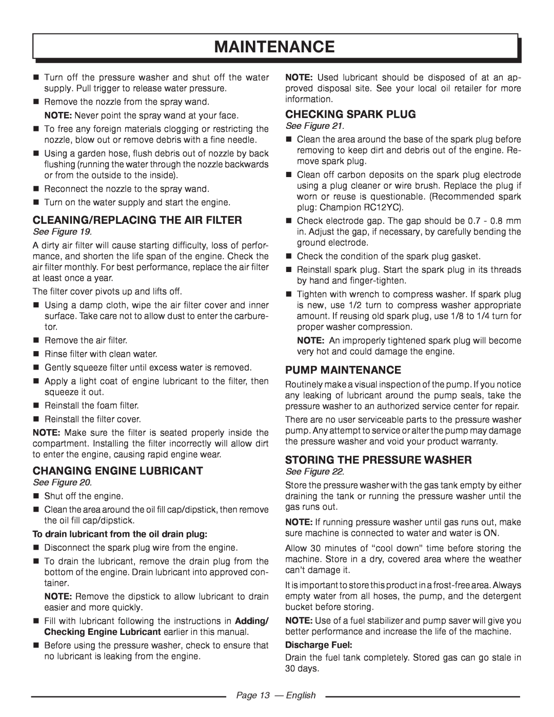 Homelite UT80546 Cleaning/Replacing The Air Filter, Changing Engine Lubricant, Checking Spark Plug, Pump Maintenance 