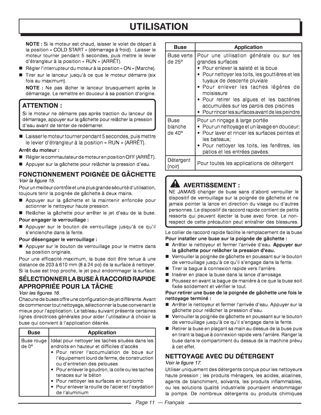 Homelite UT80977, UT80546 Avertissement, Sélectionner La Buse À Raccord Rapide, Appropriée Pour La Tâche, Voir les figures 