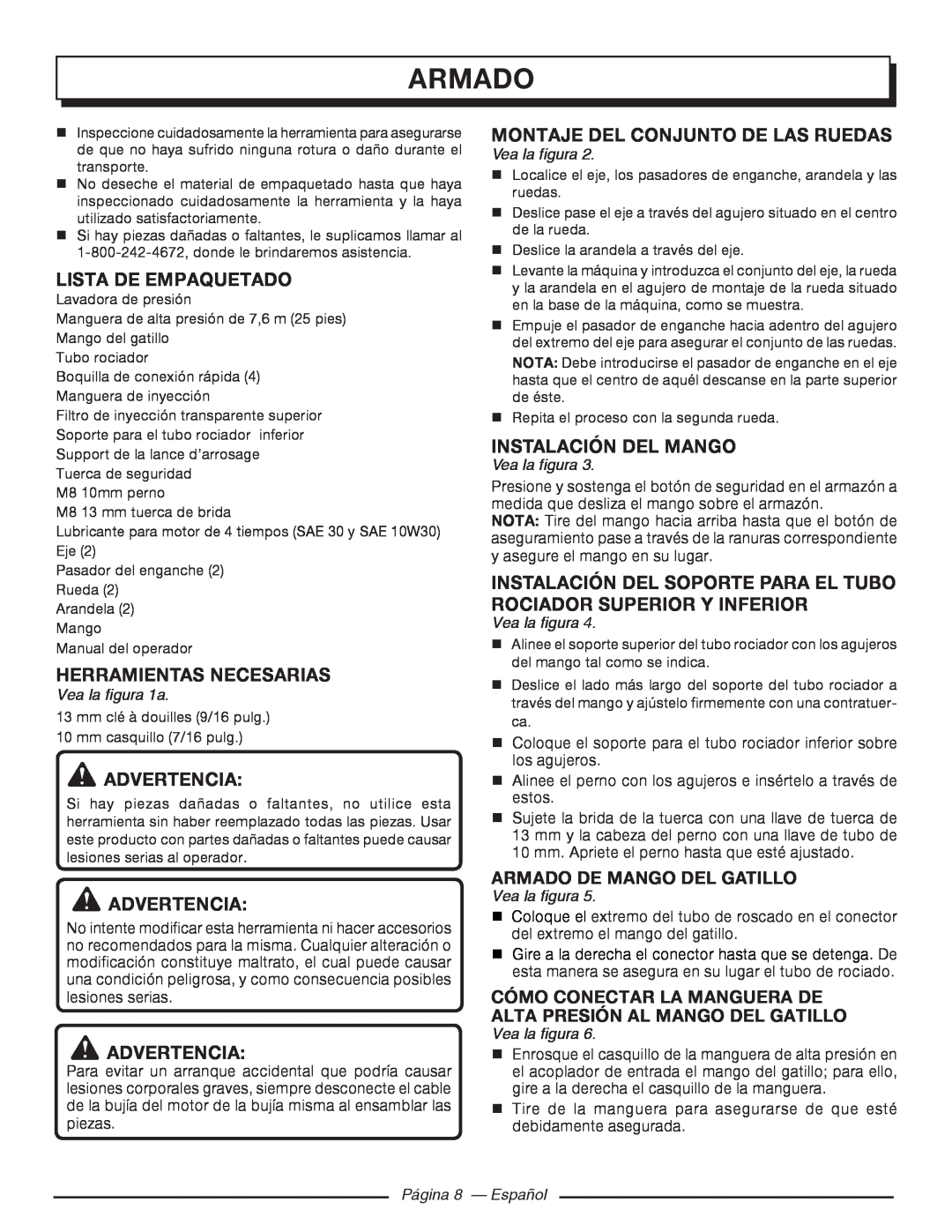 Homelite UT80977 Lista De Empaquetado, Herramientas Necesarias, Montaje Del Conjunto De Las Ruedas, Instalación Del Mango 