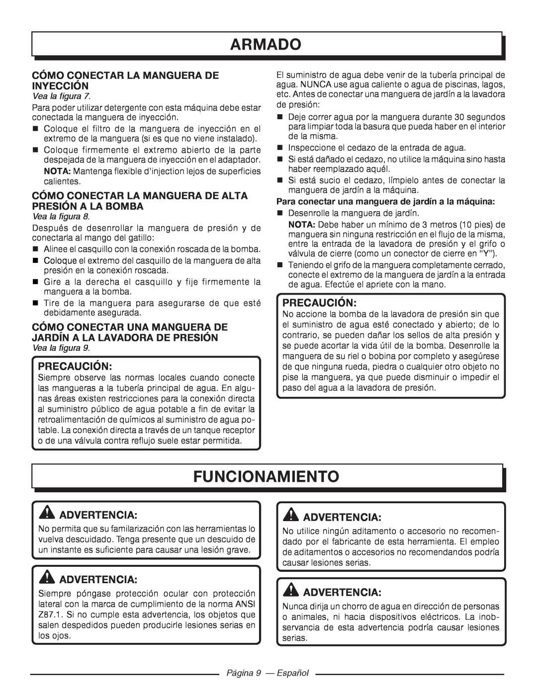 Homelite UT80546, UT80977 Funcionamiento, Cómo Conectar La Manguera De Inyección, Página 9 - Español, Armado, Precaución 