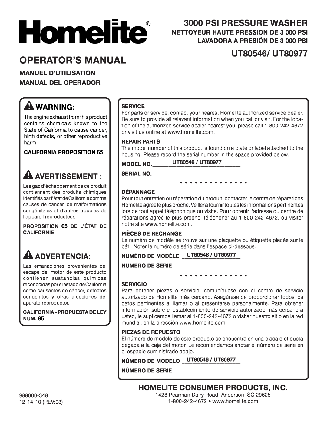 Homelite manuel dutilisation Operator’S Manual, Psi Pressure Washer, UT80546/ UT80977, Avertissement , Advertencia 
