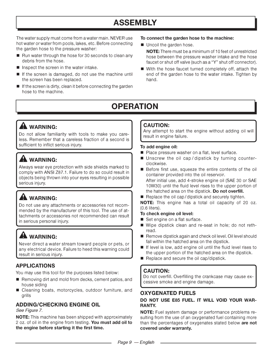 Homelite UT80993 manuel dutilisation Operation, Applications, ADDING/CHECKING Engine OIL, Oxygenated Fuels, English 