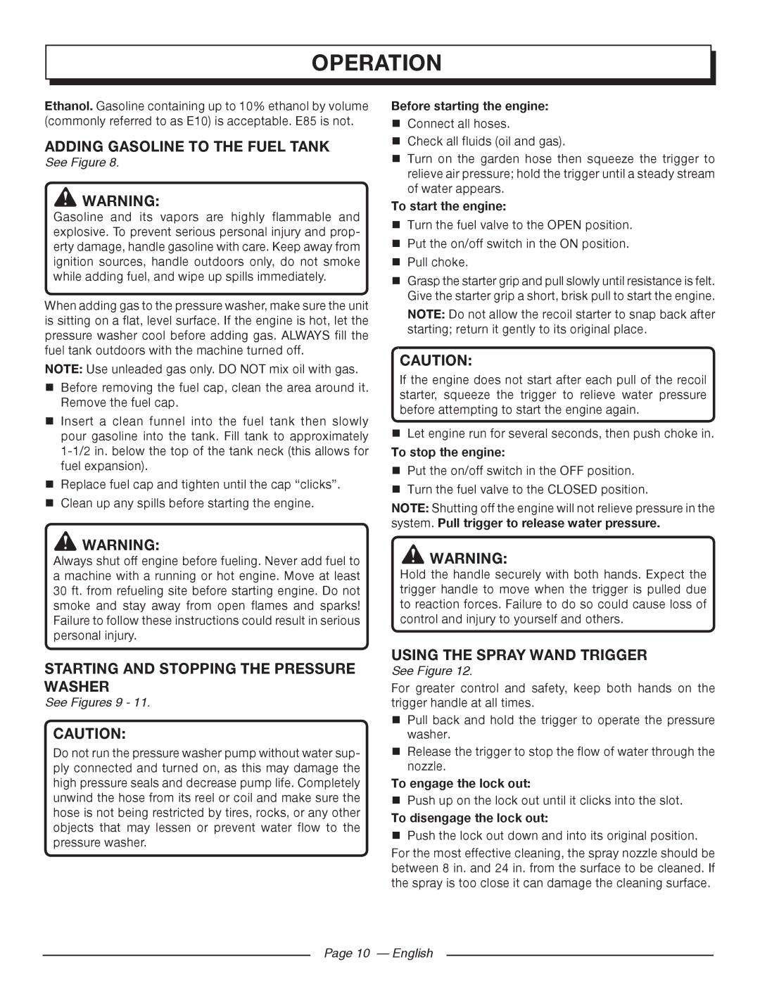 Homelite UT80993 manuel dutilisation Adding Gasoline to the Fuel Tank, Starting and Stopping the Pressure Washer,  Warning 