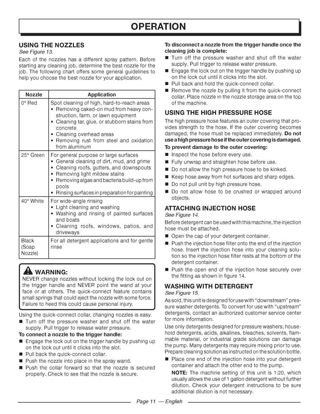 Homelite UT80993 Using the Nozzles, Using the High Pressure Hose, Attaching Injection Hose, Washing with Detergent 