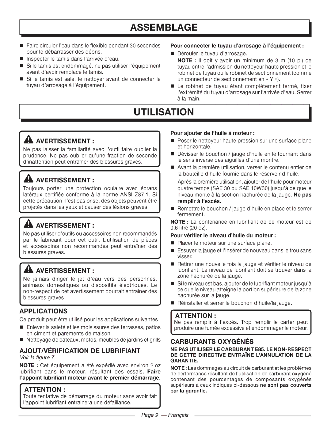 Homelite UT80993 manuel dutilisation Utilisation, AJOUT/VÉRIFICATION DE Lubrifiant, Carburants Oxygénés, Français 