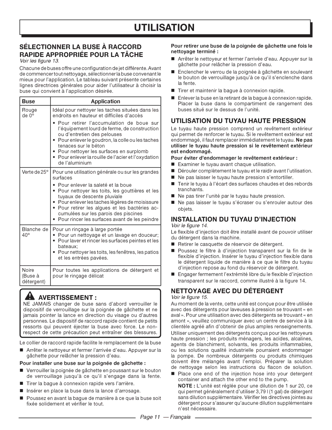 Homelite UT80993 manuel dutilisation Sélectionner LA Buse À Raccord, Rapide Appropriée Pour LA Tâche, Avertissement 