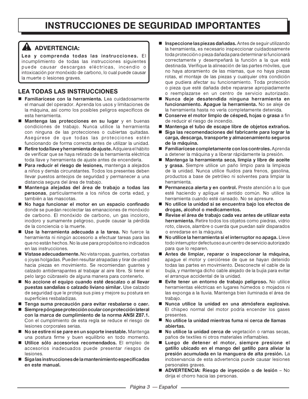 Homelite UT80993 Instrucciones DE Seguridad Importantes, Advertencia, LEA Todas LAS Instrucciones, Página 3 Español 