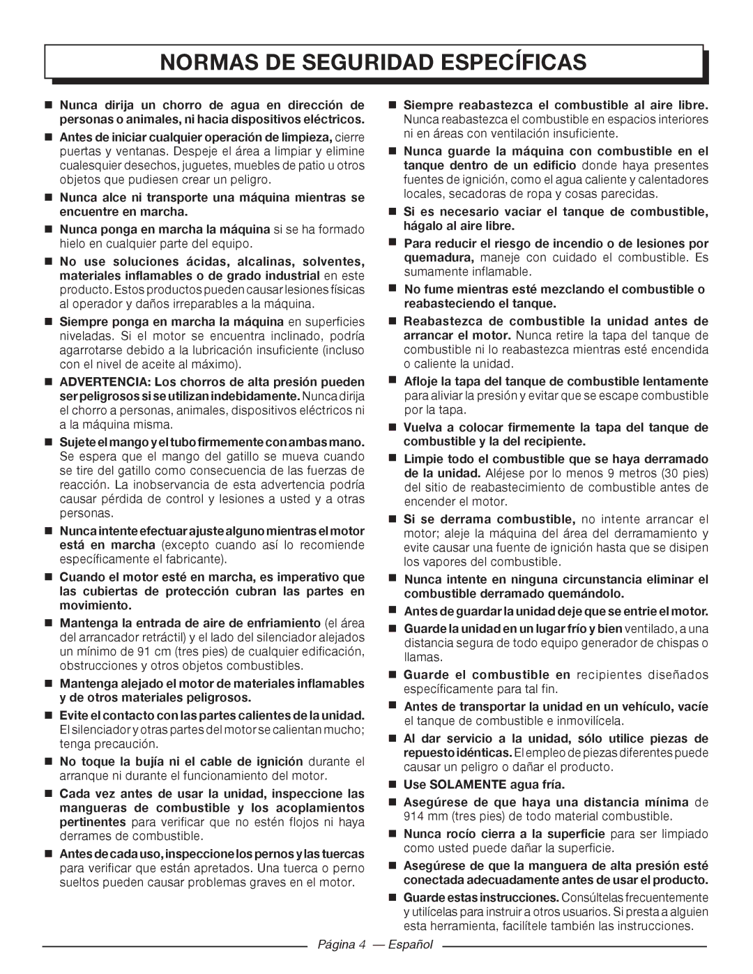 Homelite UT80993 Normas DE Seguridad Específicas,  Siempre reabastezca el combustible al aire libre, Página 4 Español 