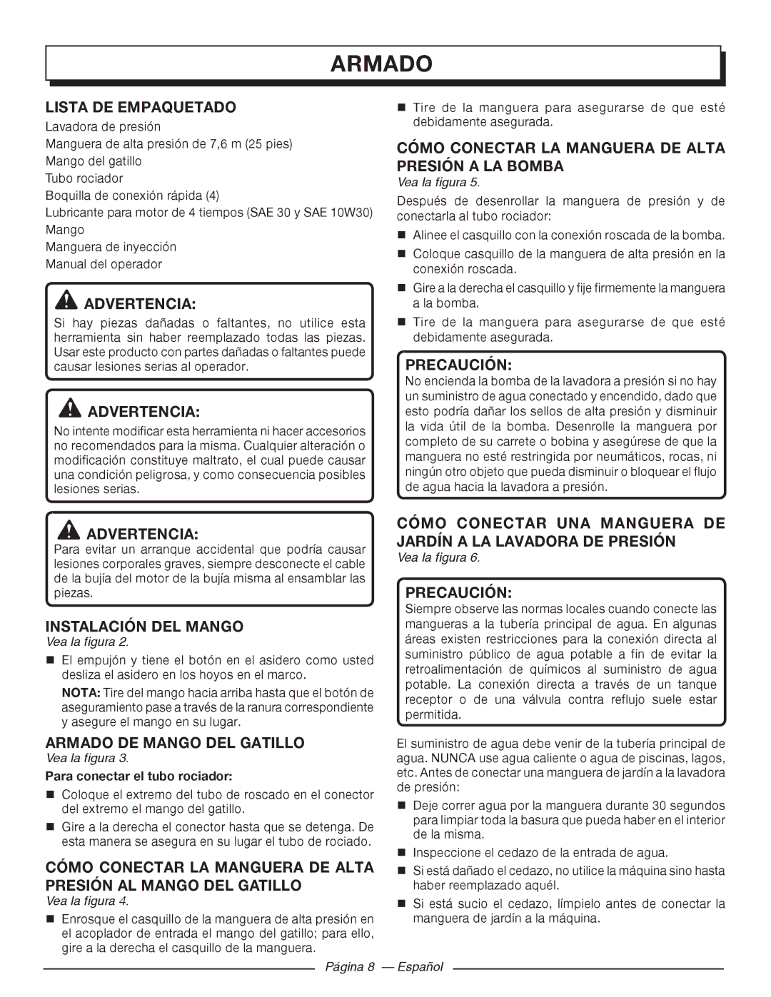 Homelite UT80993 Lista DE Empaquetado, Cómo Conectar LA Manguera DE Alta Presión a LA Bomba, Instalación DEL Mango 