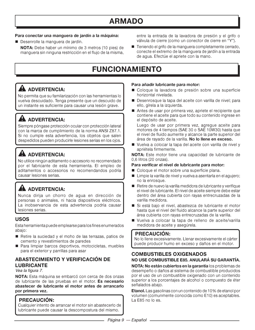 Homelite UT80993 Funcionamiento, Usos, Abastecimiento Y Verificación DE Lubricante, Combustibles Oxigenados 