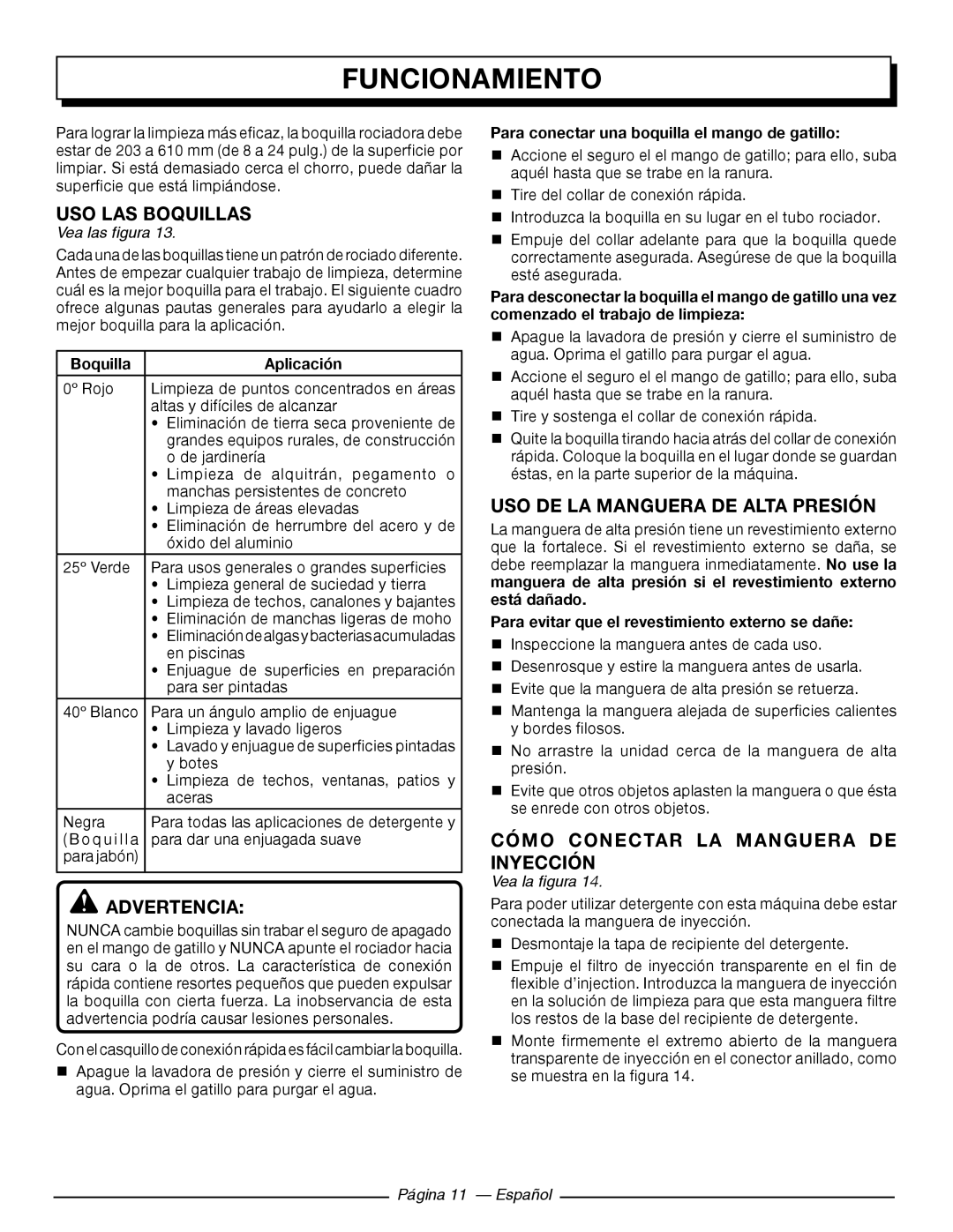 Homelite UT80993 USO LAS Boquillas, USO DE LA Manguera DE Alta Presión, Cómo Conectar LA Manguera DE Inyección 