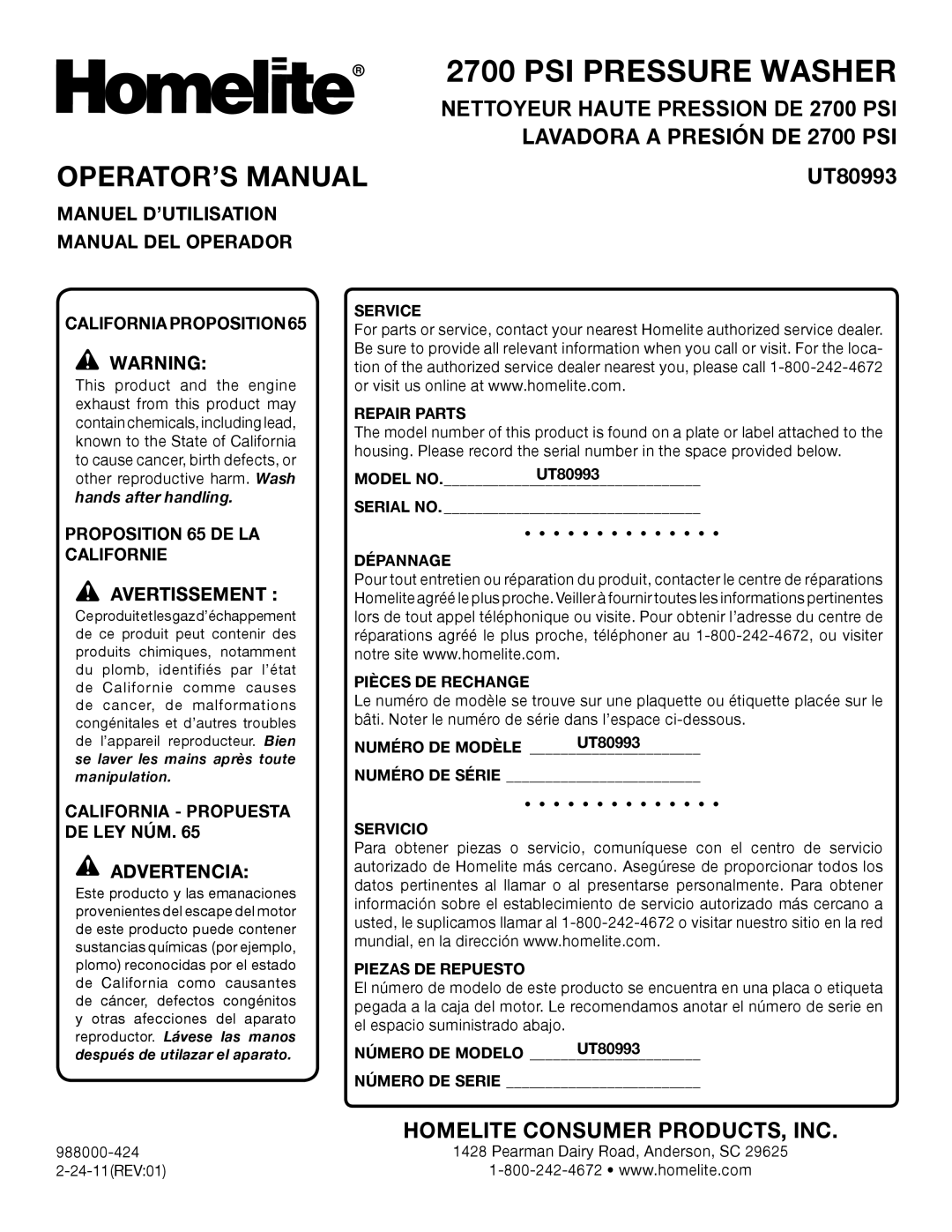 Homelite manuel dutilisation OPERATOR’S Manual, Manuel D’UTILISATION Manual DEL Operador, UT80993 Model no Serial no 