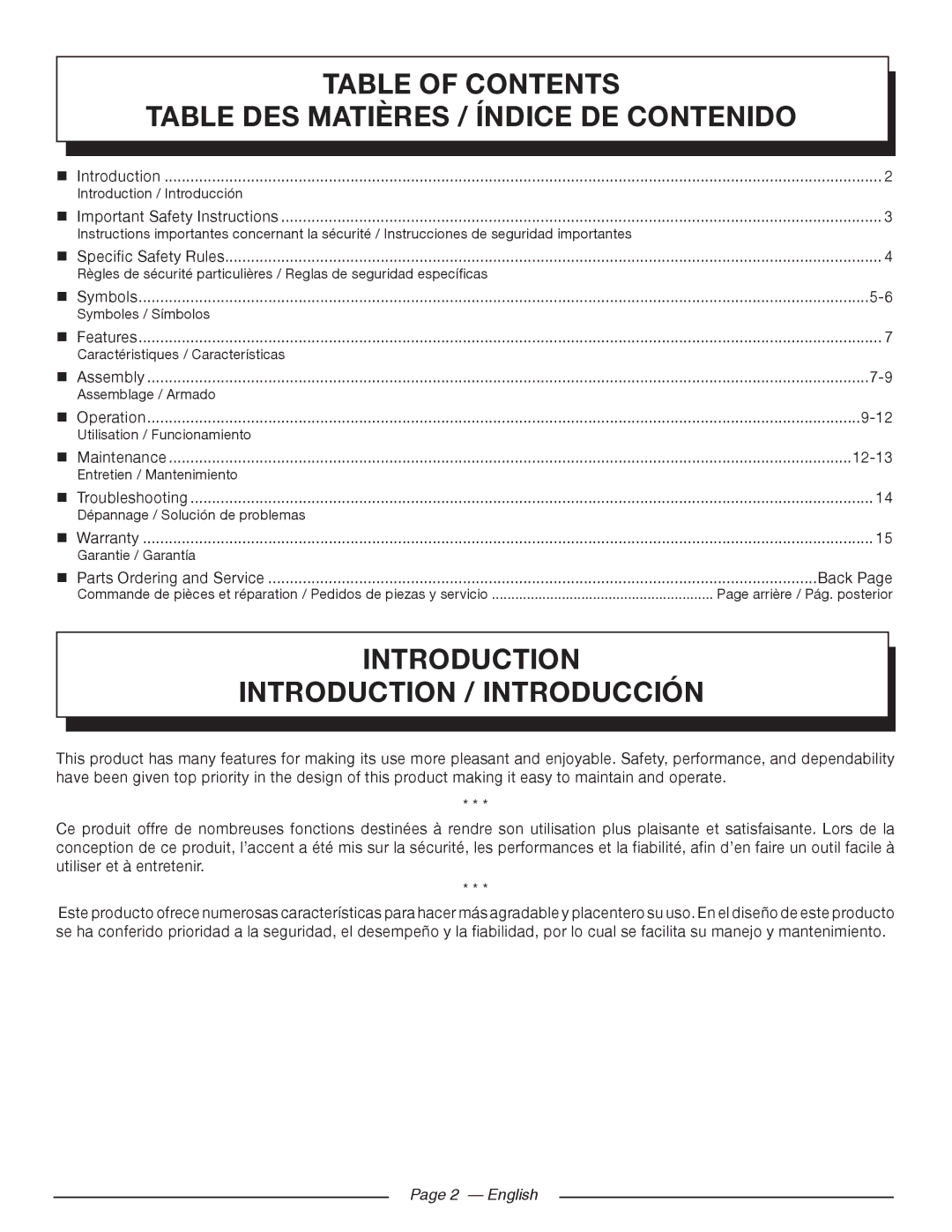 Homelite UT80993 Table of Contents Table DES Matières / Índice DE Contenido, Introduction Introduction / Introducción 