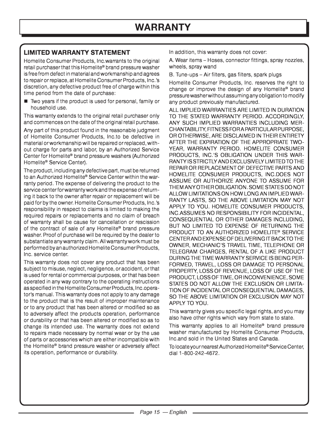 Homelite UT80993 manuel dutilisation Limited Warranty Statement, Page 15 - English 